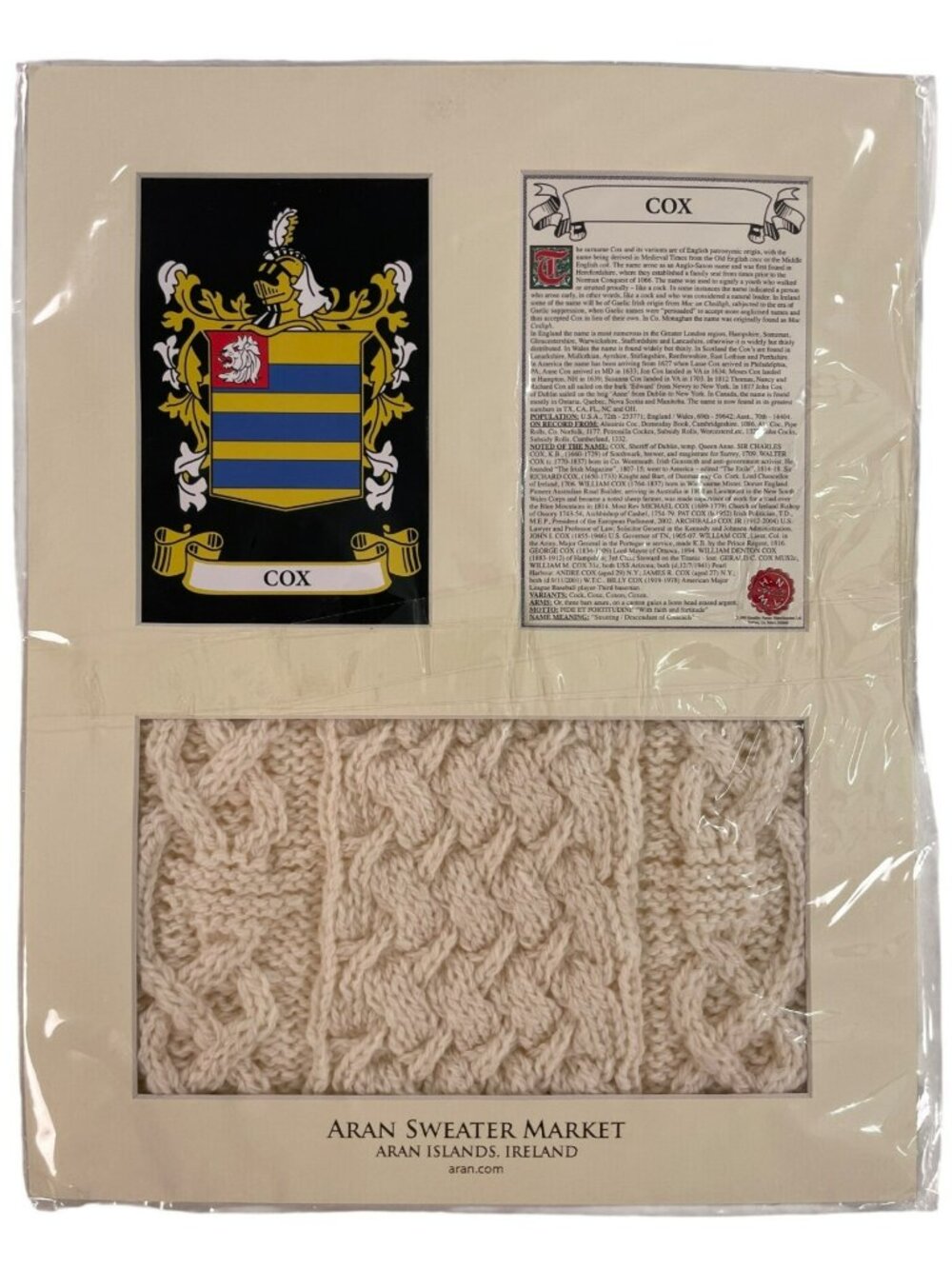 Cox Clan Aran & History Display Family Name History & Aran Knit Pattern Display